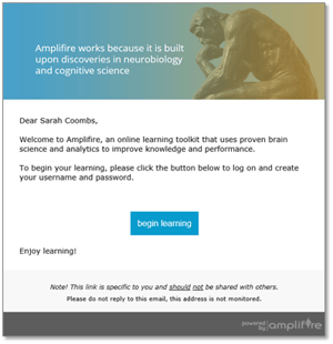 Amplifire welcome email to new authors for creating a username and password to log on.